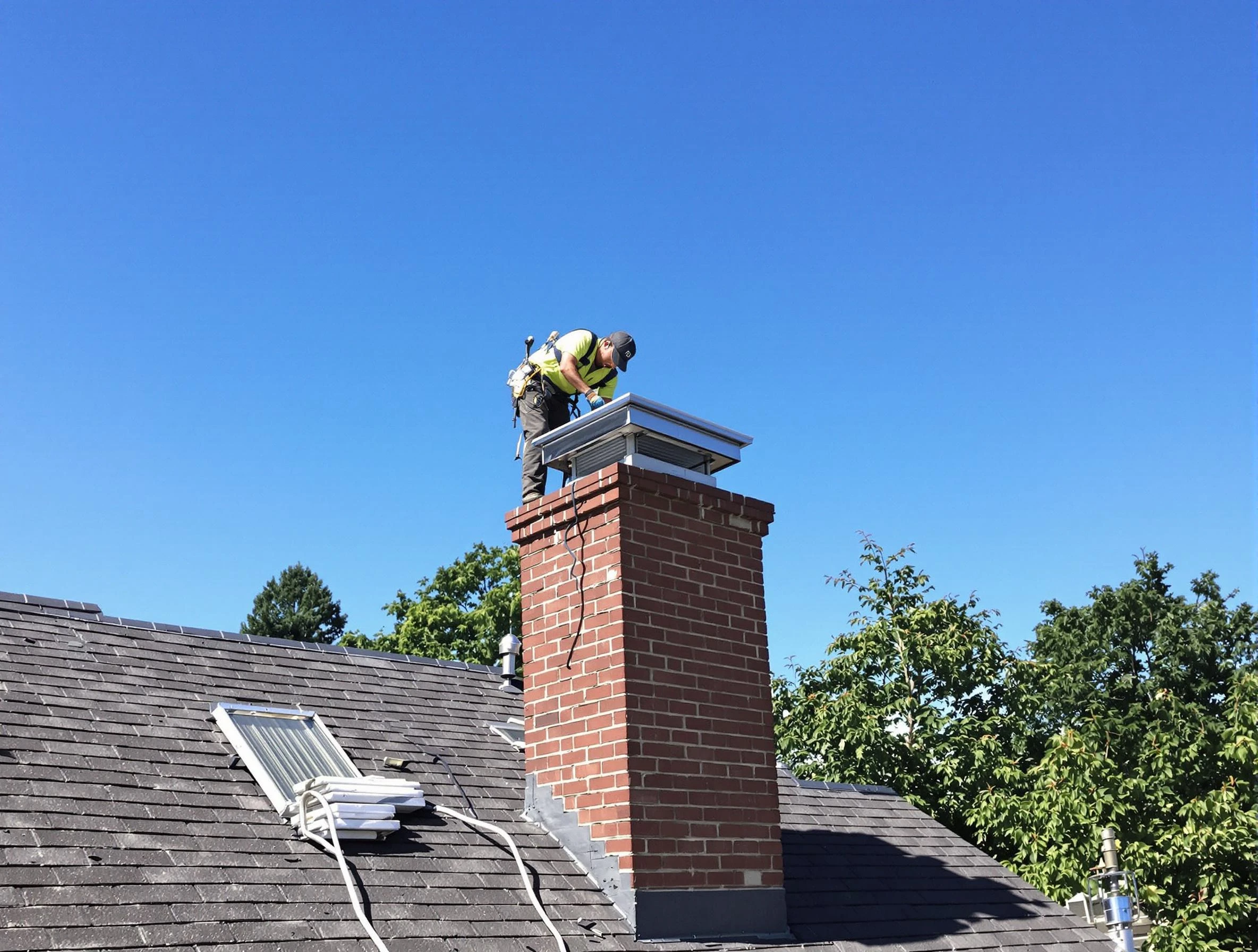 Norwood Chimney Sweep technician measuring a chimney cap in Norwood, MA