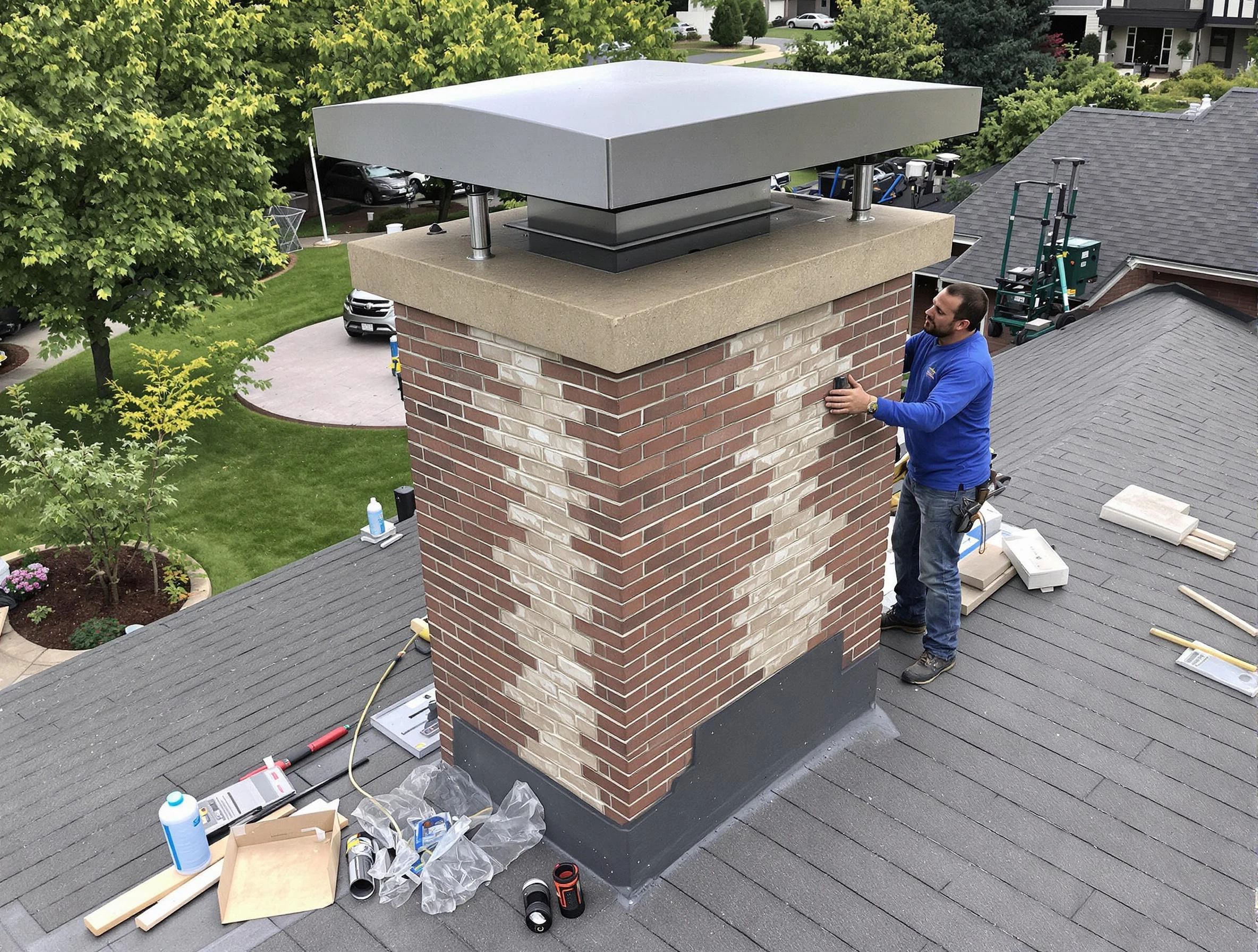 Norwood Chimney Sweep team working on a custom chimney remodel in Norwood, MA